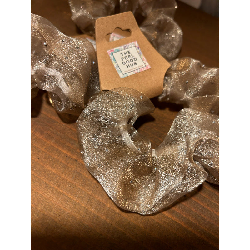 Beige Mesh & Diamanté Scrunchie