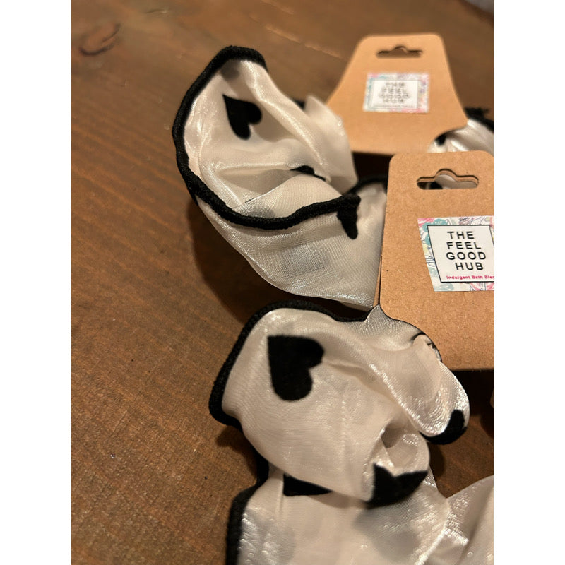 Cream & Black Heart Mesh Scrunchie