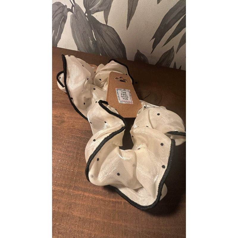 Cream & Black Polka Dot Mesh Scrunchie