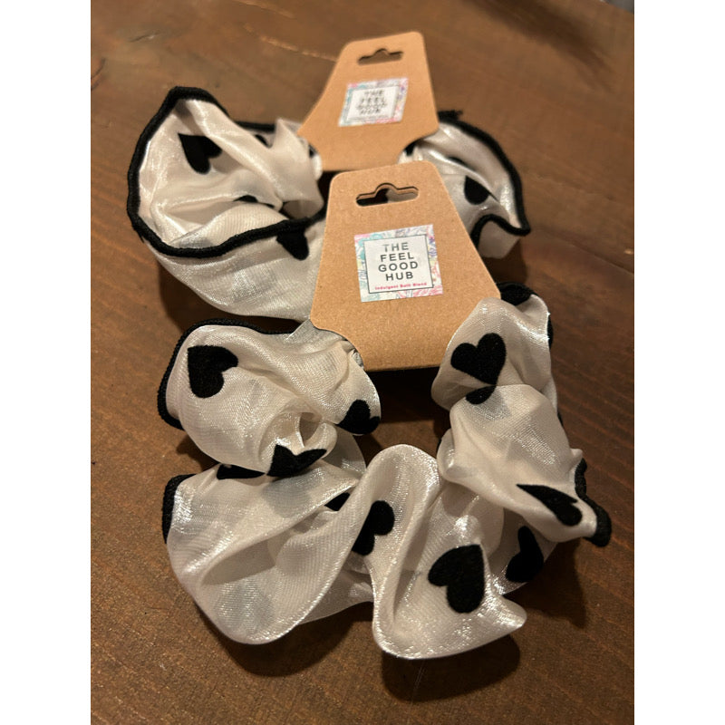 Cream & Black Heart Mesh Scrunchie
